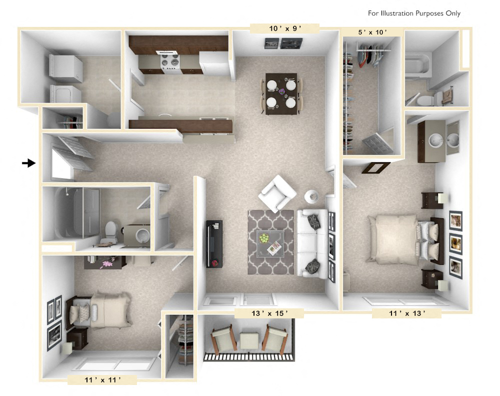 Floor plan for 2 beds, 2 baths, 1075 sqft
